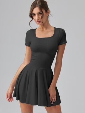 OQQ Women's Square Neck Ruffle Hem Mini Dress With Shorts Sz Large